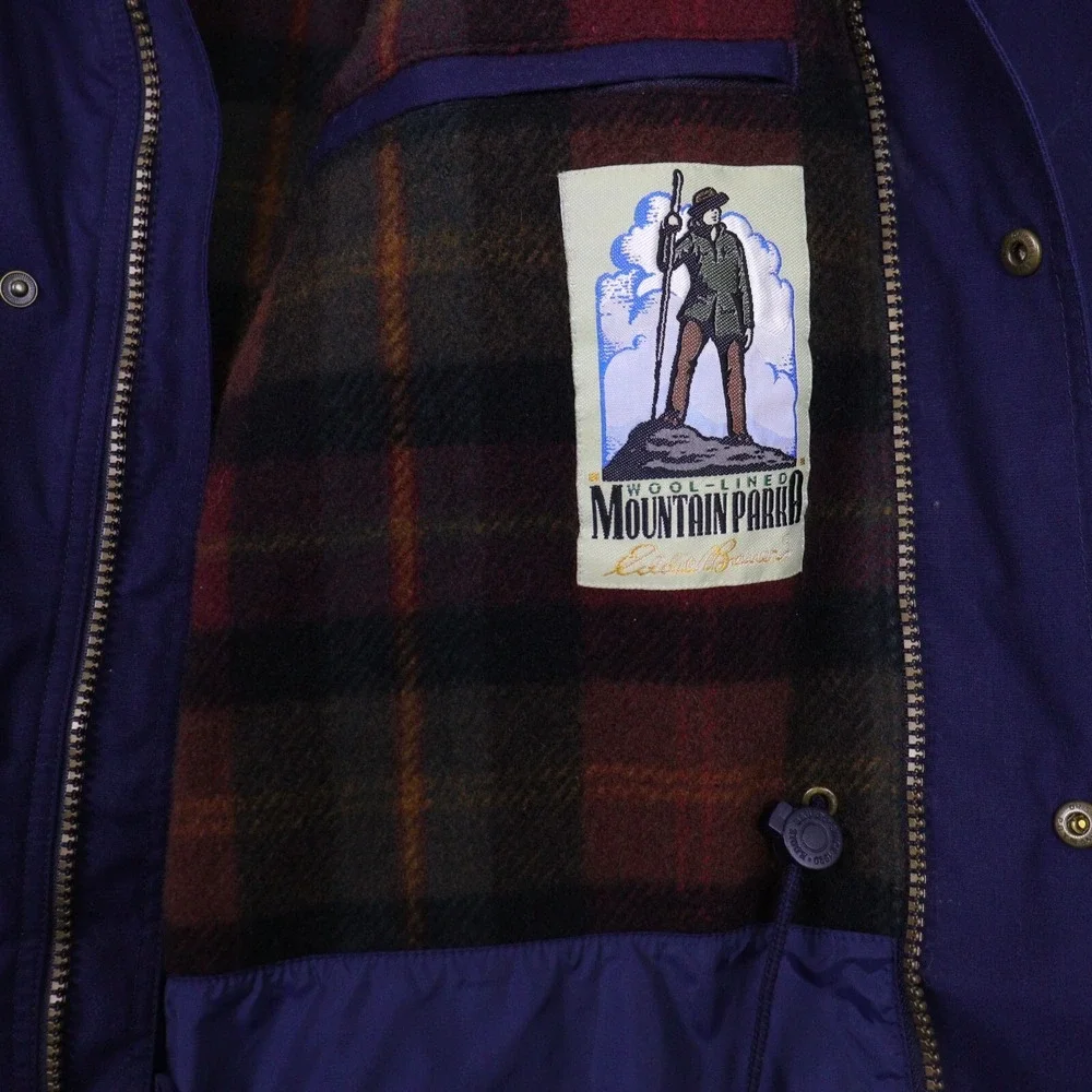 Eddie‎ Bauer Parka Coat Jacket Men Large Plaid Wool Lining Mountain Parka Blue